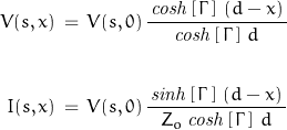 \begin{displaymath}\begin{align}V(s,x)\,&=\,V(s,0)\,\frac{\,\mathit{cosh}\left[\,\Gamma\,\right]\,(d-x)\,}{\mathit{cosh}\left[\,\Gamma\,\right]\,d}\\\\I(s,x)\,&=\,V(s,0)\,\frac{\,\mathit{sinh}\left[\,\Gamma\,\right]\,(d-x)\,}{Z_o\,\mathit{cosh}\left[\,\Gamma\,\right]\,d}\end{align}\end{displaymath}