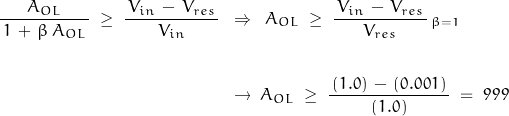 \begin{displaymath}\begin{align}\frac{A_{OL}}{\, 1 \, + \, \beta \, A_{OL} \, } \; \geq \; \frac{\, V_{in} \, - \, V_{res} \, }{V_{in}} \; \; &\Rightarrow \; \; A_{OL} \; \geq \; \frac{\, V_{in} \, - \, V_{res} \, }{V_{res}} \, \vbar_{\beta = 1} \\\\&\rightarrow \; A_{OL} \; \geq \; \frac{\, (1.0) \, - \, (0.001) \, }{(1.0)} \; = \; 999\end{align}\end{displaymath}