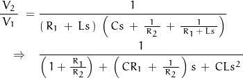 \begin{equation*}\begin{align}\frac{V_2}{\,V_1 \,} \; = \; &\frac{1}{\left( \, R_1 \, +\, L s \,\right) \; \left( \, C s \, + \, \frac{1}{\, R_2 \,} \, + \, \frac{1}{ \, R_1 \, + \, L s \,} \right)} \\\quad \Rightarrow \quad &\frac{1}{\left( \, 1+ \frac{R_1}{\, R_2 \,} \right) \, + \, \left( \, C R_1 \, + \, \frac{1}{\,R_2\,} \, \right) s \, + \, C L s^2 \,}\end{align}\end{equation*}