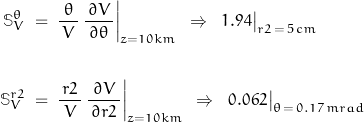 \begin{displaymath}\begin{align}\mathbb{S}_V^\theta\;&=\;\frac{\,\theta\,}{\,V\,}\,\frac{\,\partial V\,}{\,\partial \theta\,}\bigg|_{z=10km}\;\;\Rightarrow\;\;1.94\big|_{r2\,=\,5\,cm}\\\\\mathbb{S}_V^{r2}\;&=\;\frac{\,r2\,}{\,V\,}\,\frac{\,\partial V\,}{\,\partial r2\,}\bigg|_{z=10km}\;\;\Rightarrow\;\;0.062\big|_{\theta\,=\,0.17\,mrad}\end{align}\end{displaymath}