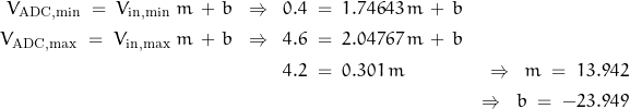 \begin{displaymath}\begin{align}V_{\text{ADC,min}} \; = \; V_{\text{in,min}} \; m \, + \, b \; \; \Rightarrow \; \; 0.4 \; &= \; 1.74643 \, m \, + \, b & \\V_{\text{ADC,max}} \; = \; V_{\text{in,max}} \; m \, + \, b \; \; \Rightarrow \; \; 4.6 \; &= \; 2.04767 \, m \, + \, b & \\4.2 \; &= \; 0.301 \, m \; \; &\Rightarrow \; \; m \; = \; 13.942 \\\; & \; &\Rightarrow \; \; b \; = \; -23.949\end{align}\end{displaymath}