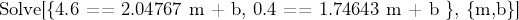 \text{Solve[\{4.6 == 2.04767 m + b, 0.4 == 1.74643 m + b \}, \{m,b\}]}