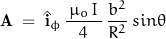 \begin{displaymath} \mathbf{A} \; = \; \hat{\mathbf{i}}_\phi \, \frac{\, \mu_o \, I \,}{4} \, \frac{b^2}{R^2} \, sin \theta \end{displaymath}